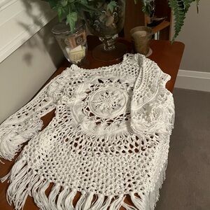 White Crochet Coverup with Fringe and High Collar